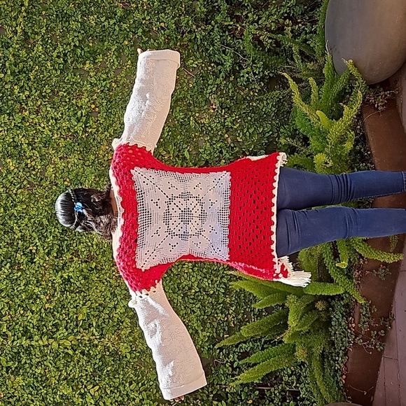 Hand Crafted Fringe White & Red Crochet Granny Square Multicolored Top Handmade - Picture 5 of 17